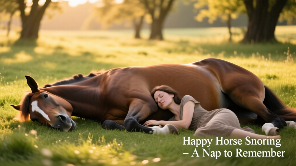 A large horse lying on its side in sun-dappled grass, head resting comfortably over his owner’s torso as she lies beside him