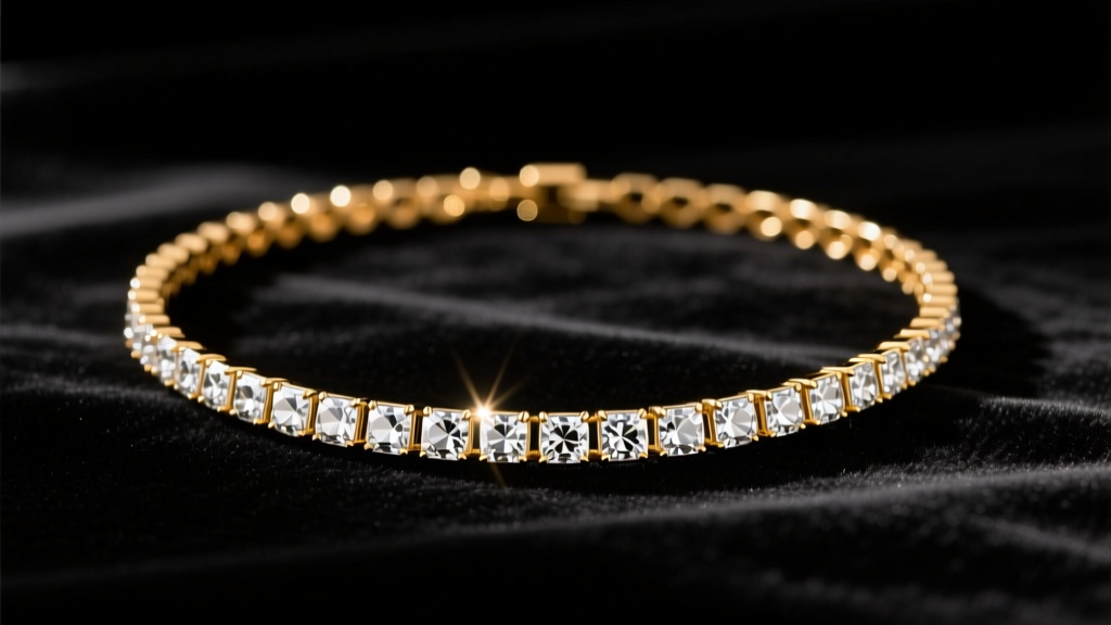 Gold vermeil Melinda Maria tennis necklace on dark velvet, showcasing sparkling cubic zirconia stones under warm studio lighting.