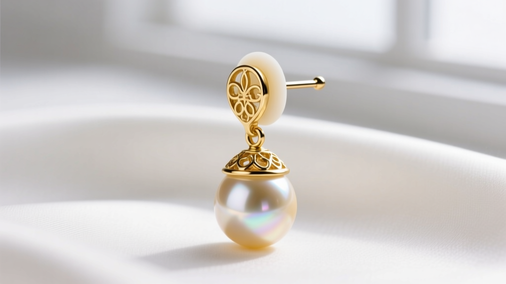 Macro shot of a golden pearl drop earring showing the 18k gold cup, silicone backing, and 20-gauge post against white silk fabric