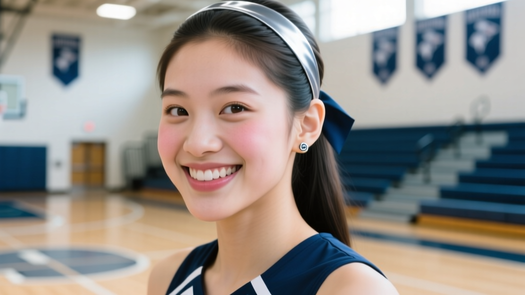 Close-up of a young cheerleader in uniform smiling, wearing small flat-back titanium stud earrings under bright gym lighting.
