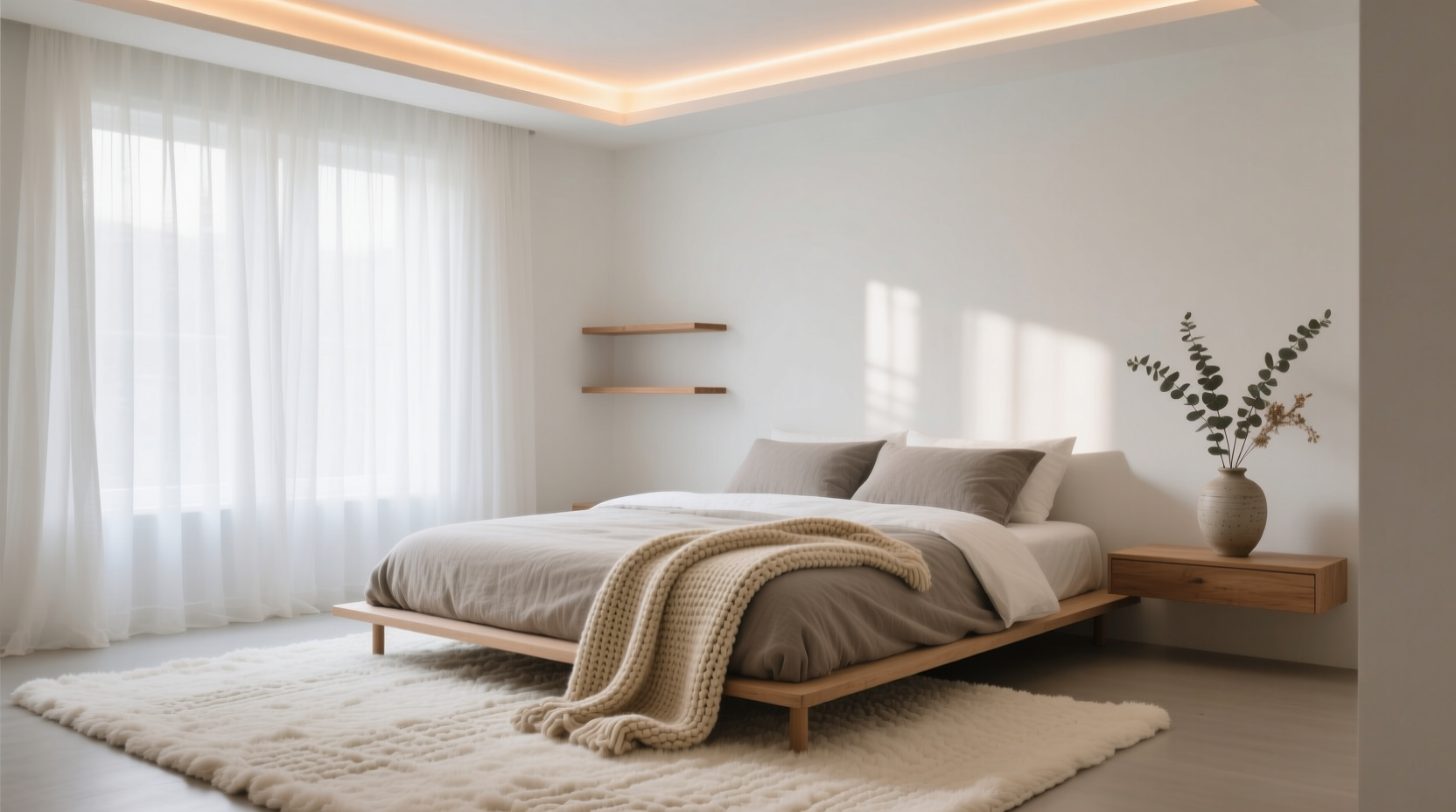how to create a calming bedroom space using lighting and fabric choices
