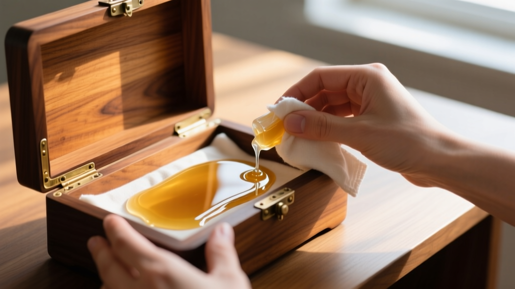 Hands applying clear microcrystalline wax to interior drawer runners of a vintage walnut jewelry box using a soft cotton cloth