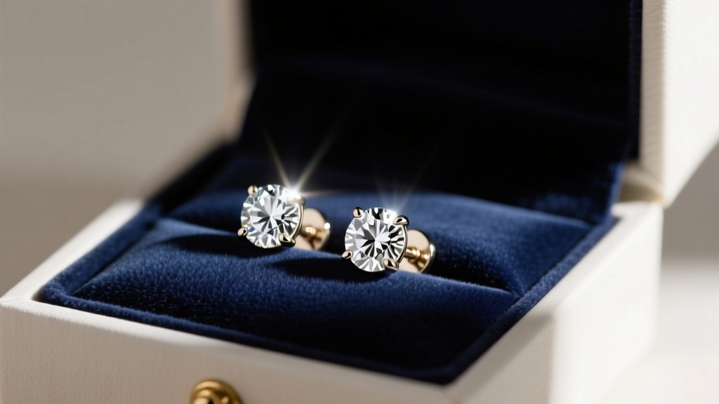 Open gift box revealing 18k white gold diamond stud earrings with screw-back posts, illuminated by soft romantic lighting.