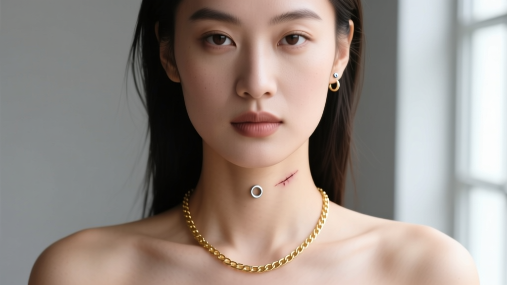 A woman wearing a delicate 18-inch gold chain pendant necklace sitting two inches below a healed nape surface piercing on her neck
