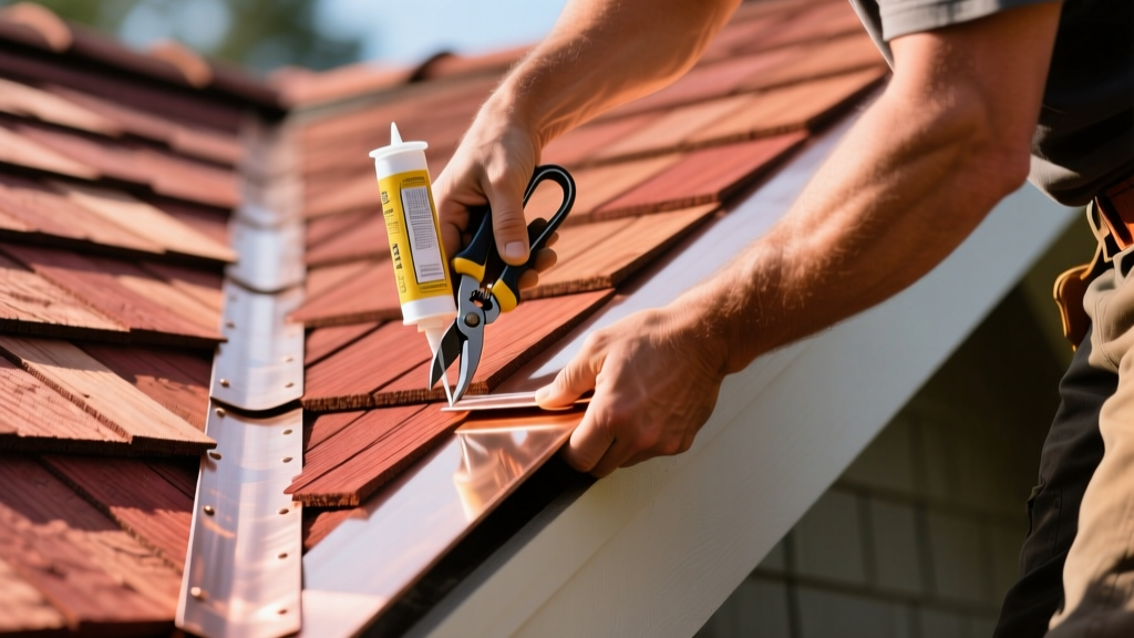Close-up of a roofing contractor installing copper step flashing along a red cedar shingle roof valley with sealant and snips