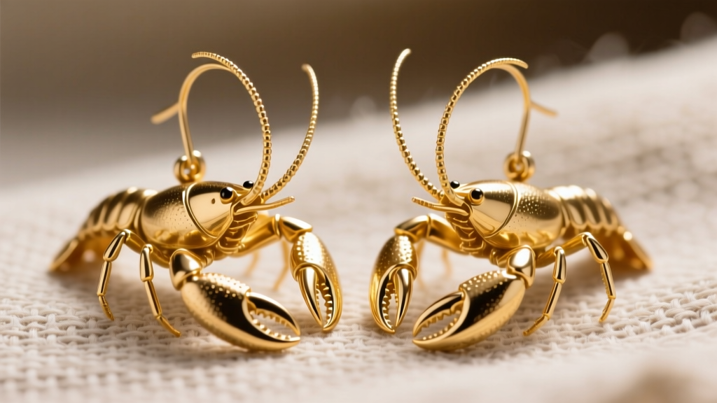 Gold vermeil crawfish dangle earring on linen, showing intricate antennae and polished claws under bright macro studio lighting.