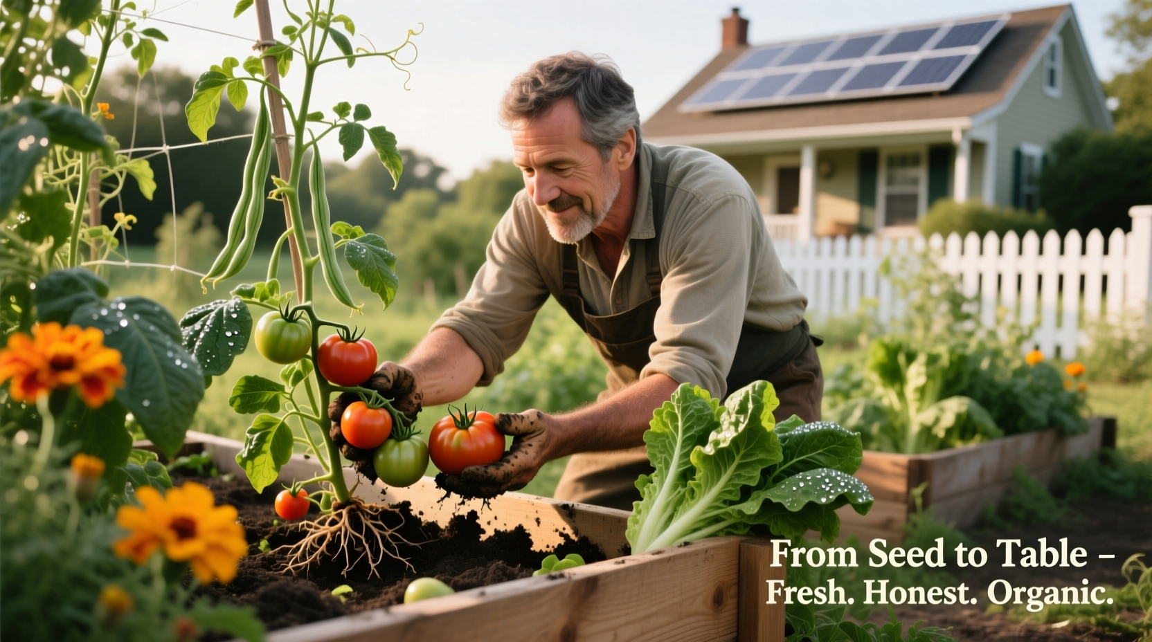 Seed to table owner harvesting fresh vegetables in organic garden