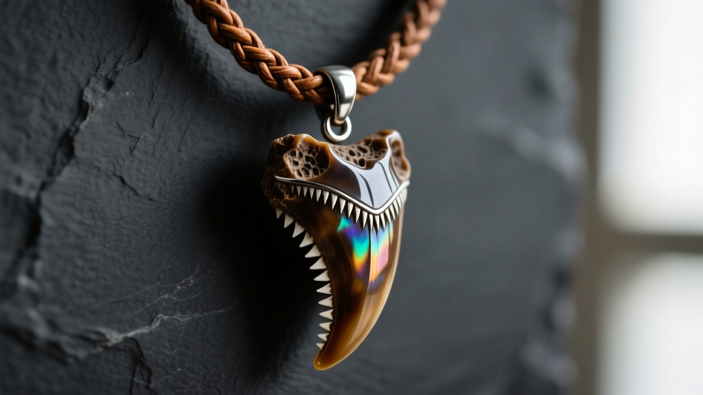 Close-up of a polished 4-inch Megalodon tooth fossil pendant on a thick braided leather cord against a dark slate background.