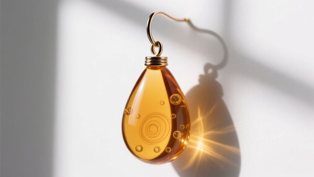 Macro shot of an 18-gauge implant-grade titanium ear wire attached to a delicate, translucent amber blown glass teardrop earring.