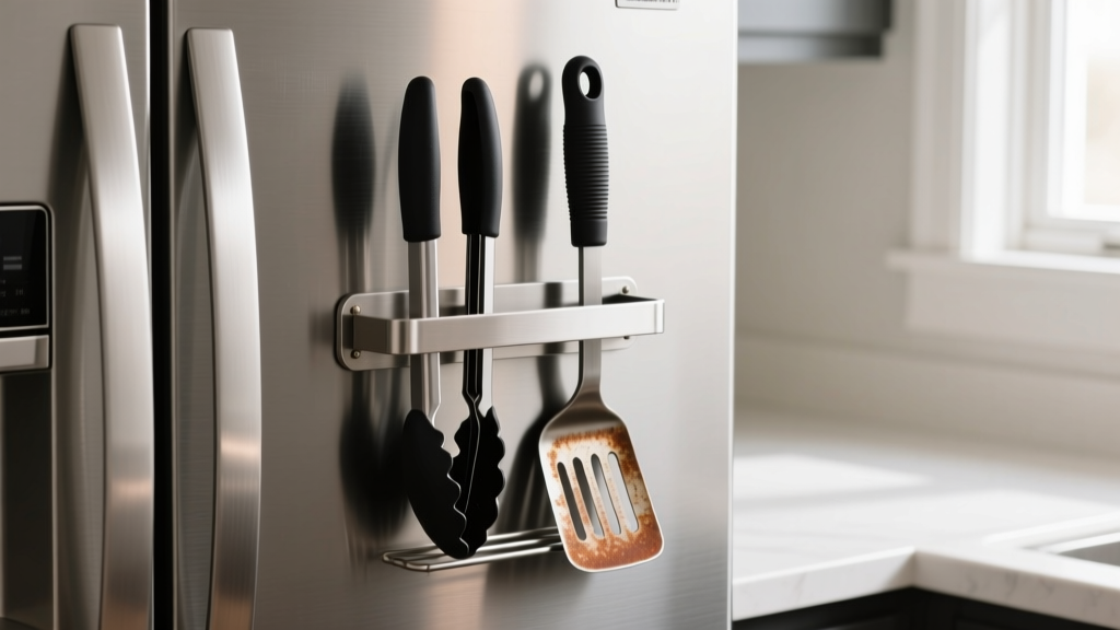Magnetic kitchen gadget caddy attached to stainless steel refrigerator door holding heavy-duty tongs and a cast iron skillet scraper