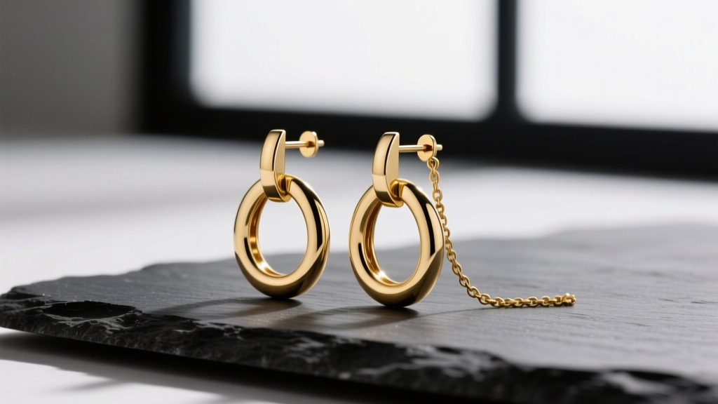 Close-up of gold-plated Ferragamo Gancini drop earrings on dark slate, lit by soft studio lighting to show texture.
