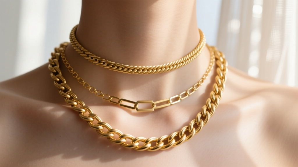 Three layered gold necklace chain styles: a delicate cable choker, medium box chain, and thick rope chain on a softly lit collarbone.