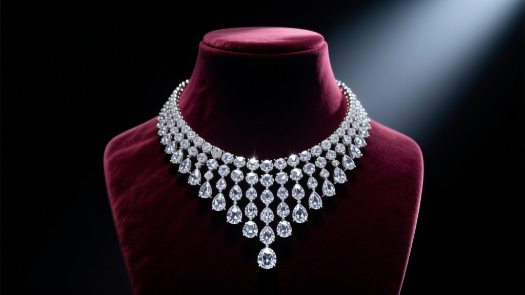 A 45-carat graduated diamond cascade necklace displayed on a dark velvet bust, illuminated by dramatic and cool-toned spotlights.