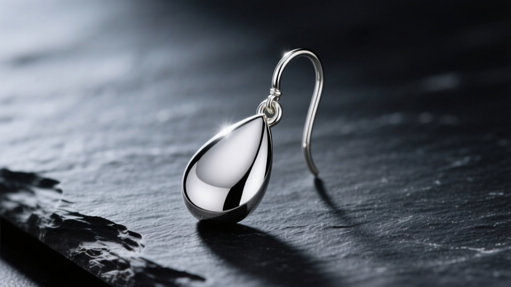 Macro shot of polished Argentium silver teardrop earring on dark slate, highlighting mirror finish and 20-gauge French wire hook.