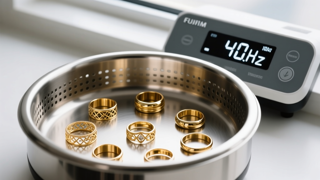 Overhead shot of an ultrasonic cleaner basket holding karat gold rings, with a digital control panel showing a 40kHz frequency.