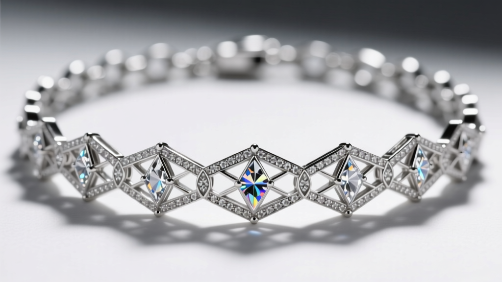 Macro shot of an Art Deco platinum filigree chain necklace featuring geometric diamond-cut links catching soft directional light.