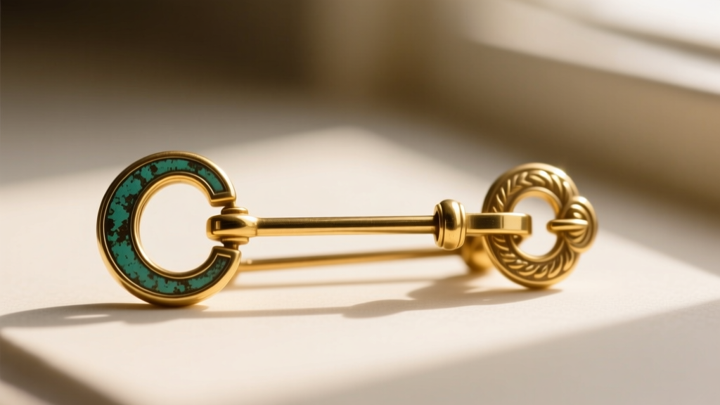 Close-up of a Victorian C-clasp and T-bar hinge on a gold-filled brooch, showing slight patina under bright macro lighting