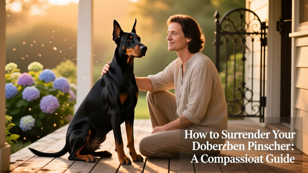 A calm, well-groomed Doberman Pinscher sitting beside its owner on a sunlit porch