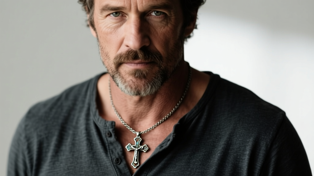 Close-up of a rugged man wearing an oxidized sterling silver James Avery iron cross necklace over a dark charcoal henley shirt.