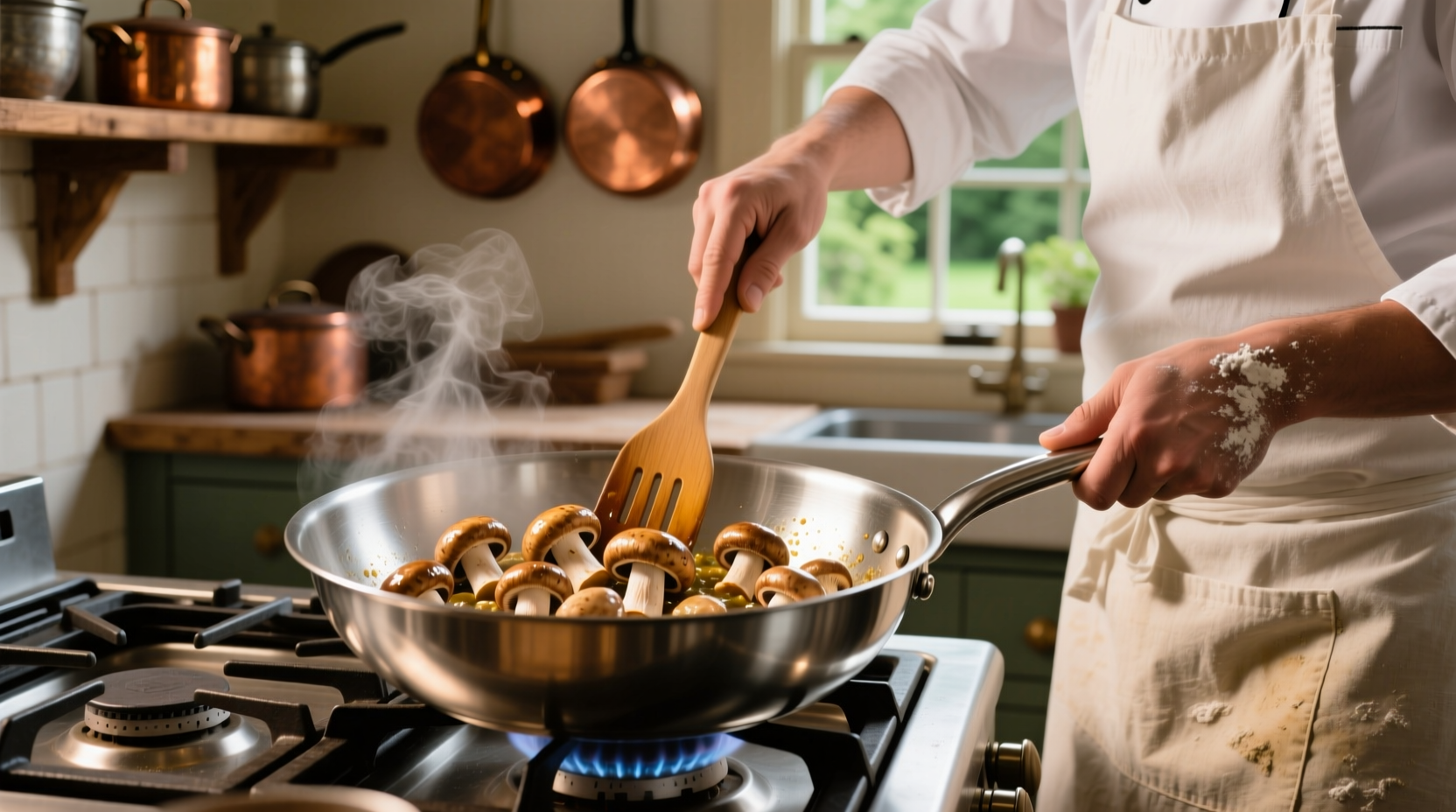 Chef sautéing mushrooms in stainless steel pan