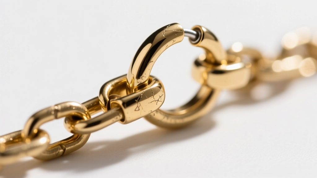 Macro shot of a gold-plated lobster clasp and unsoldered jump ring on a chain, showing the connection point and brass texture.