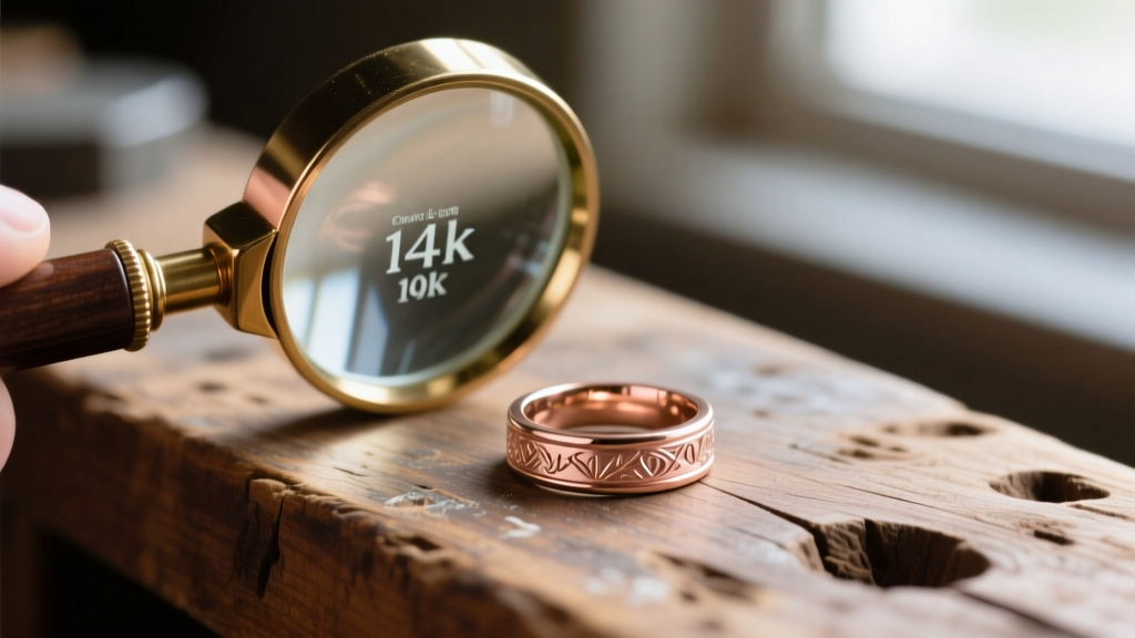 Close-up of a jewelers loupe examining a 14K rose gold Retro era cocktail ring hallmarks, set on a rustic wooden workbench