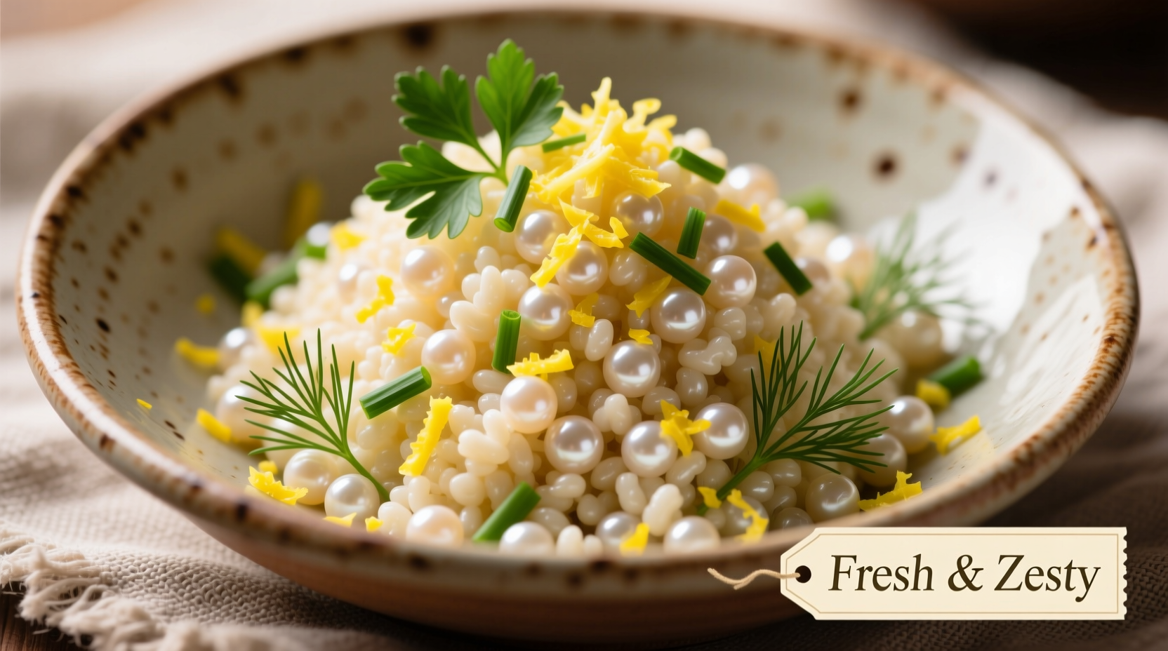 Fluffy pearl couscous with lemon zest and fresh herbs