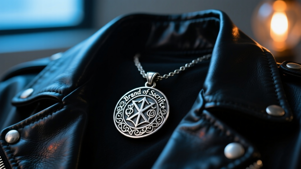 Oxidized sterling silver Brand of Sacrifice pendant on a dark leather jacket collar, moody cinematic lighting, sharp macro focus