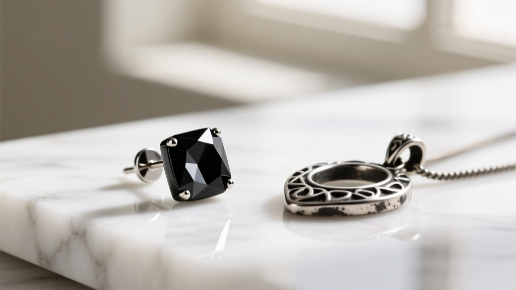 Black zirconia ceramic stud earring with a faceted stone, resting next to an oxidized silver pendant on a white marble surface