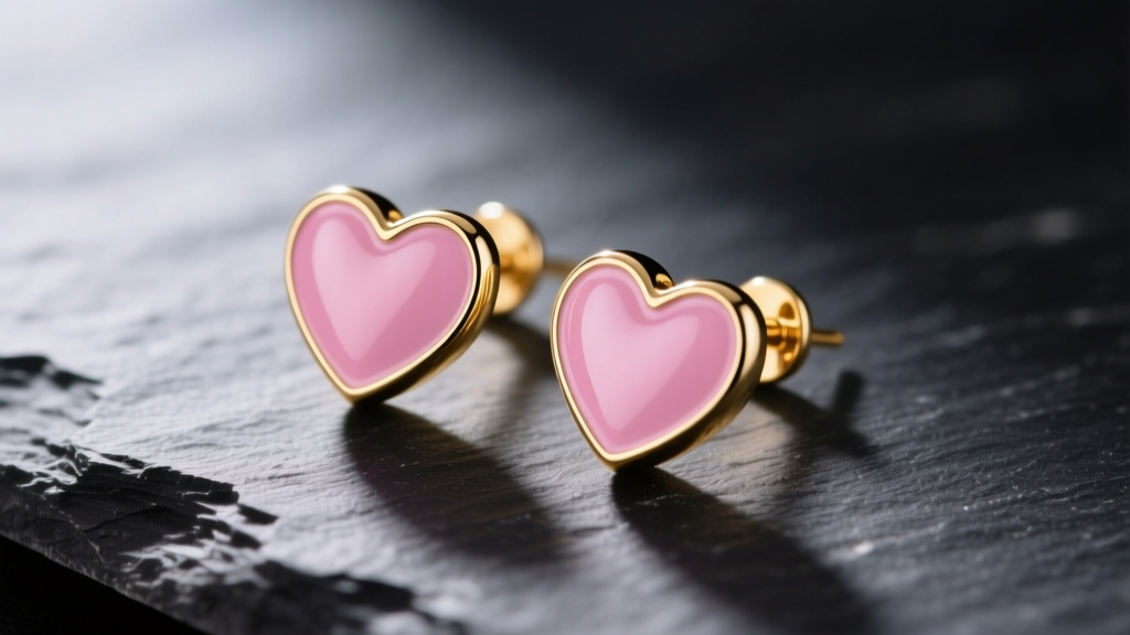 Macro shot of 14k gold vermeil heart earrings with glossy pink cold enamel resting on dark slate under soft directional lighting