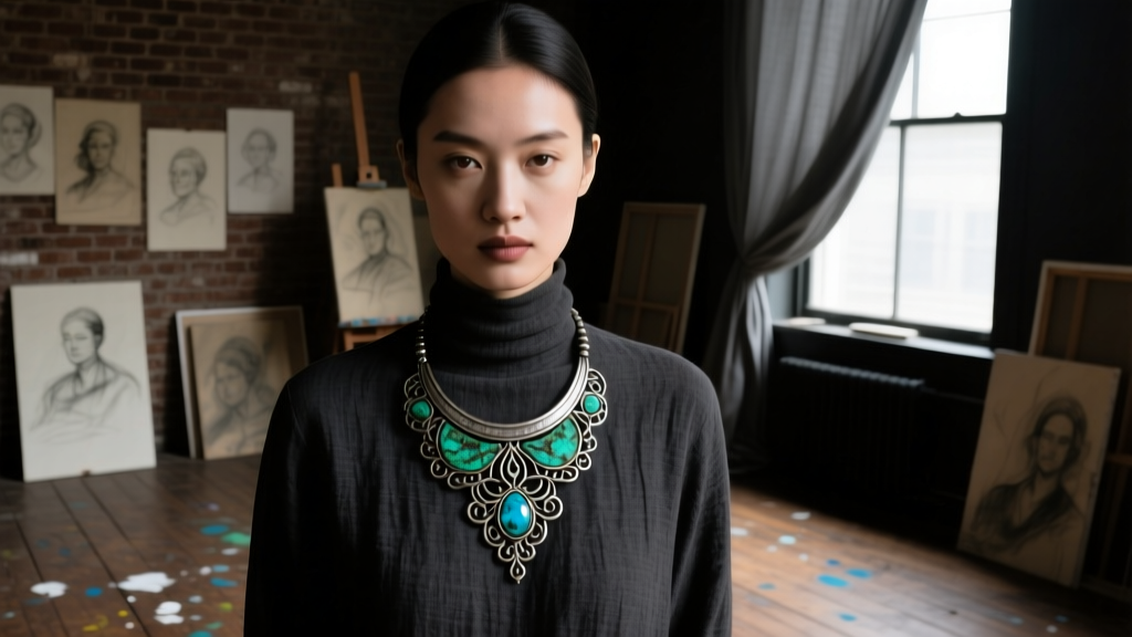 A woman in a dark linen turtleneck wearing a heavily patinated silver lariat necklace in a dimly lit, moody artist studio room.