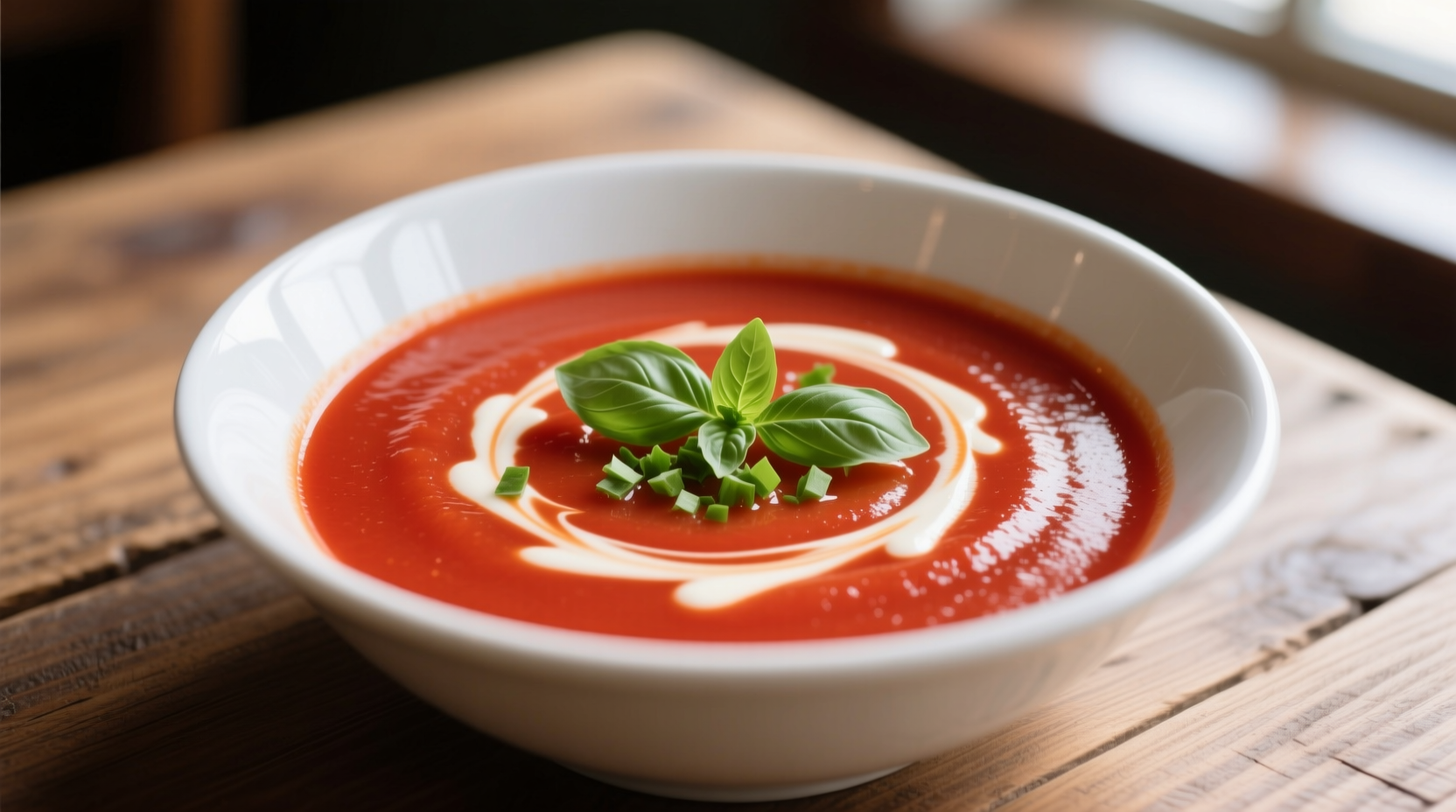 Creamy red tomato soup in white bowl with basil garnish