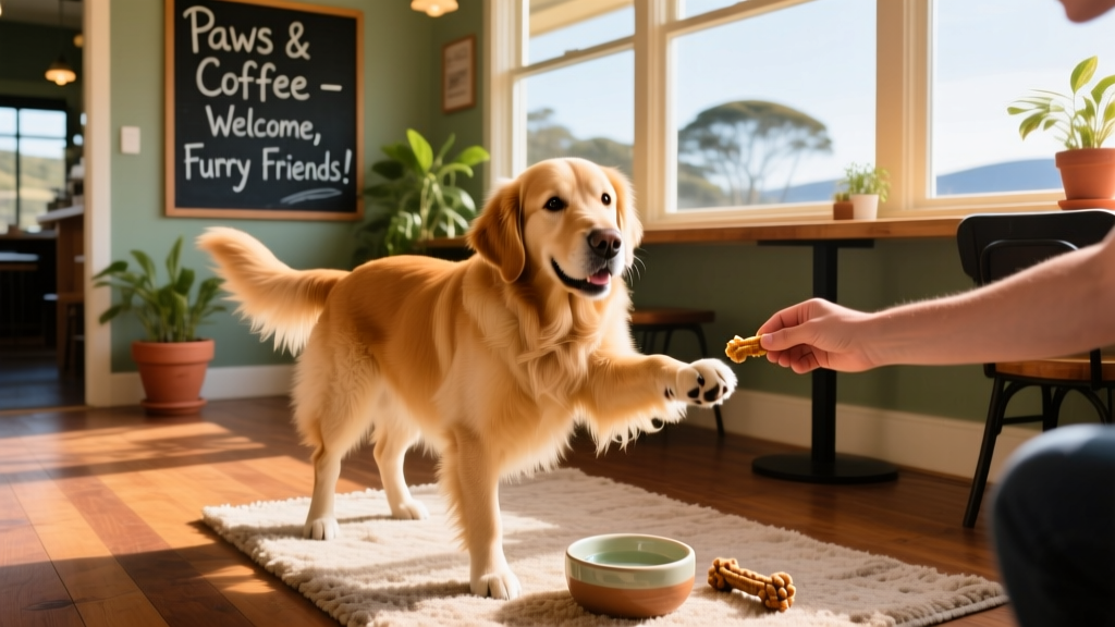 A dog gives a paw in a dog-friendly cafe