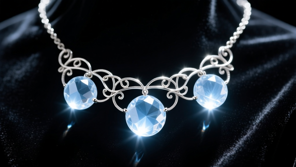 Vintage Edwardian pool of light necklace with glowing rock crystal quartz spheres wrapped in delicate silver wire on dark velvet