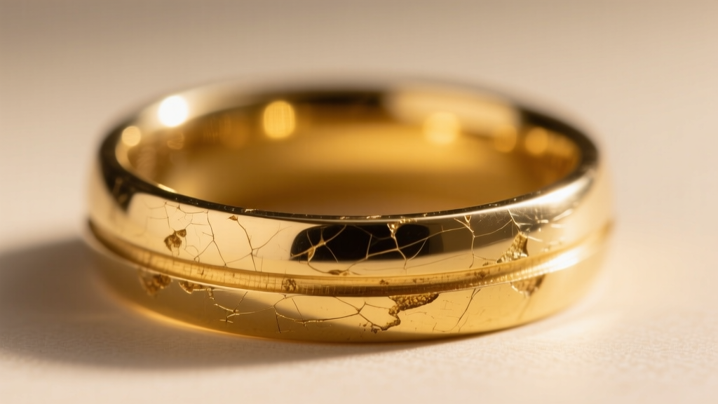 Macro shot of a scratched 18k yellow gold wedding band revealing micro-abrasions and dullness from harsh abrasive cleaning.