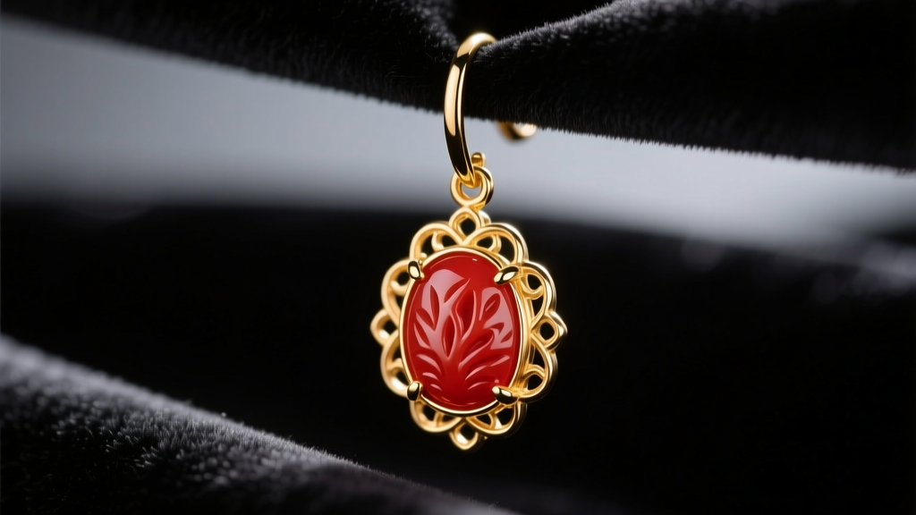 Macro shot of an 18k gold drop earring with a carved red coral cabochon resting on dark velvet under soft studio lighting