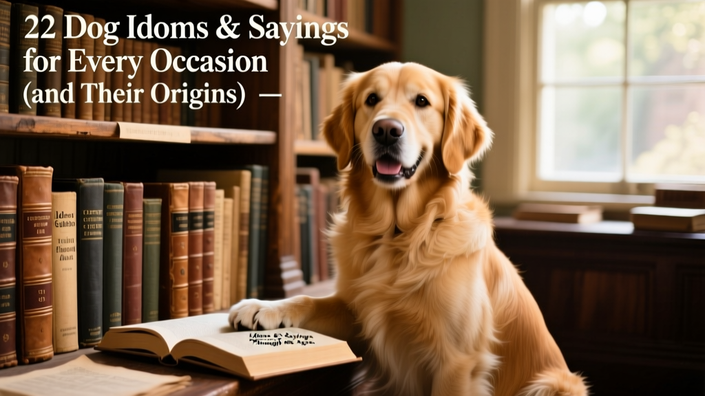 A playful golden retriever sitting beside a vintage bookshelf filled with old dictionaries and language guides