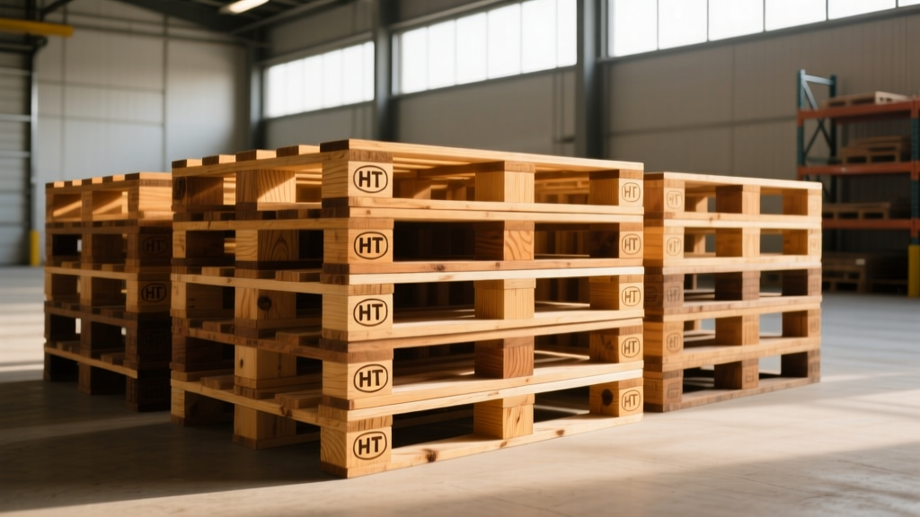 Stacked wooden shipping pallets showing HT treatment stamps on Southern Yellow Pine deckboards in a dry warehouse