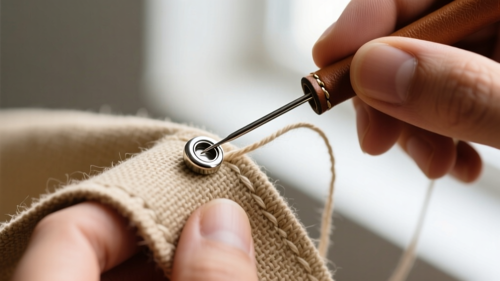 Close-up of hands sewing a titanium earring post into reinforced canvas backing using heavy-duty waxed thread and a leather needle