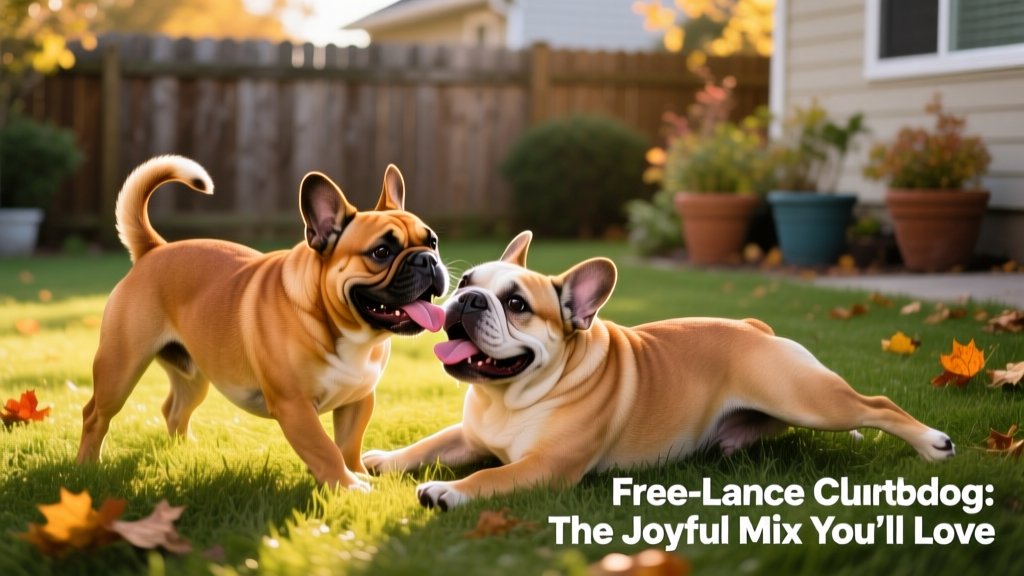 Two Free-Lance Bulldogs playing gently in a grassy backyard, showcasing their compact build and joyful expressions