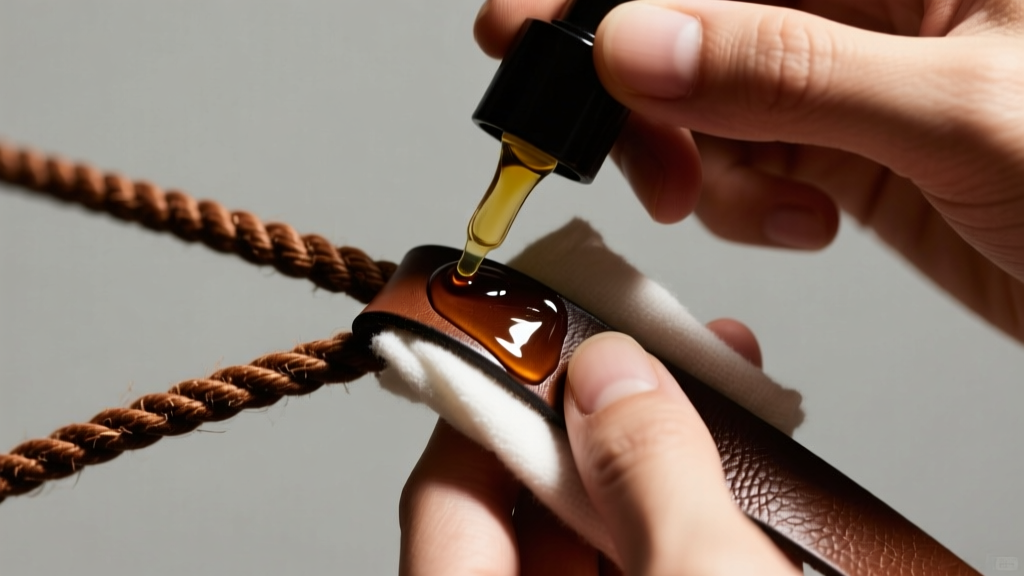 Hands rubbing mink oil into a stiff brown leather cord with a cloth, showing the leather darkening as it absorbs the conditioner.