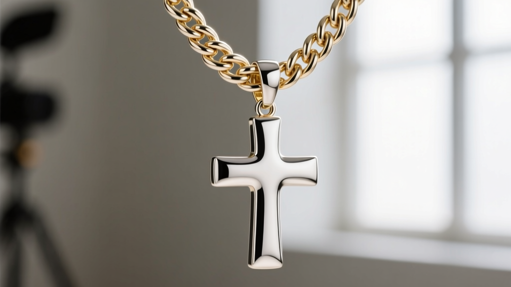 Macro shot of a thick 18k white gold rope chain and lobster clasp supporting a heavy, polished platinum statement cross pendant.