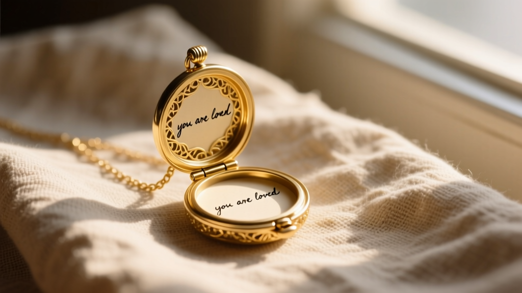 Gold vermeil you are loved locket necklace open to show a message, on textured linen cloth with natural sunlight and soft shadows.