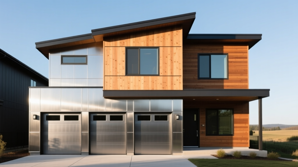 Modern steel shouse exterior showing a three-bay shop garage and a two-story residential apartment wing with cedar siding accents