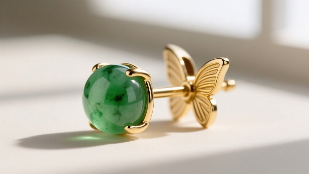 Macro shot of a 20-gauge gold-plated brass DBZ fusion earring post with butterfly backing, highlighting the green jade bead.