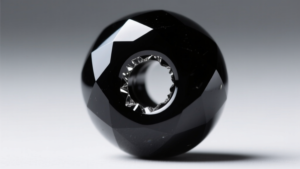 Extreme close-up of a black obsidian bead showing a clean diamond-drilled hole with no edge chipping, lit by directional light.