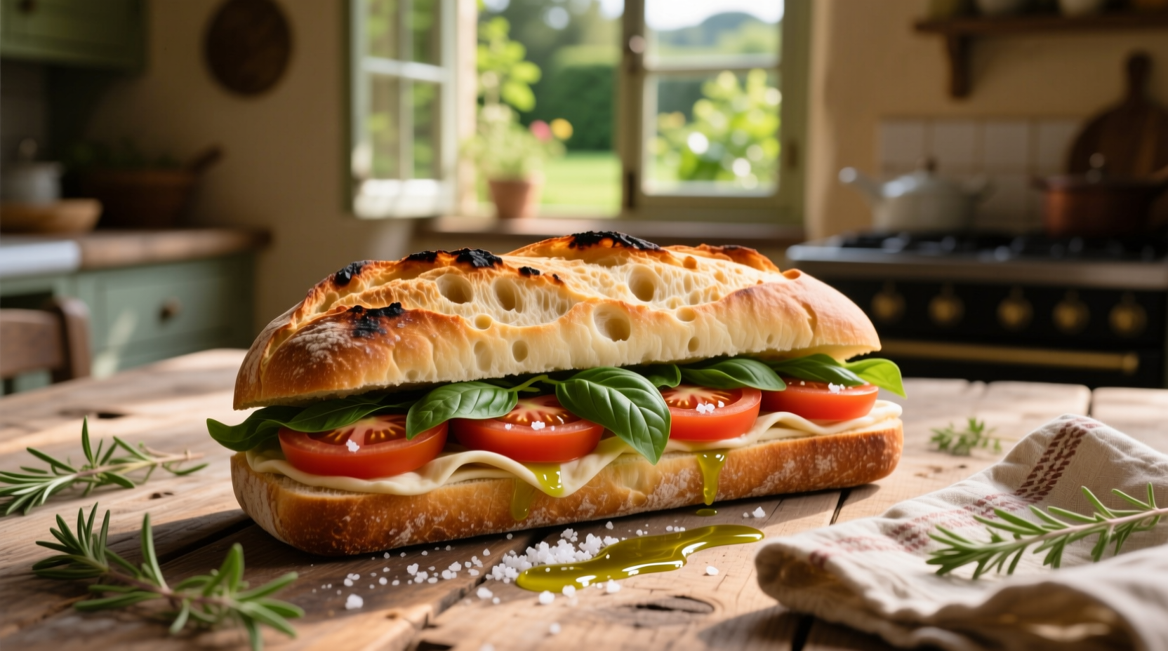 Tomato basil miche sandwich on rustic French bread