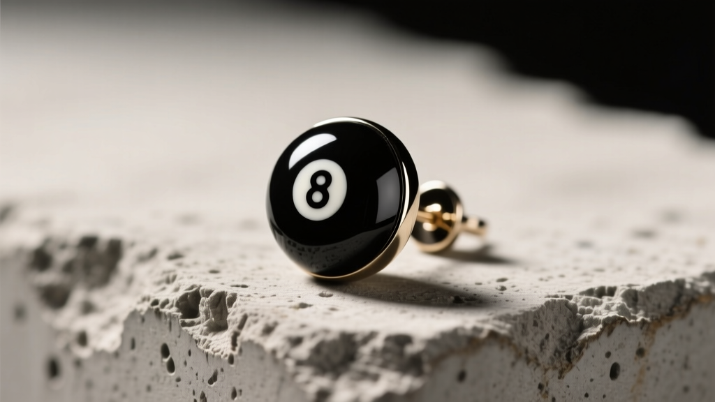 Macro shot of a glossy black enamel 8-ball stud earring on raw concrete, illuminated by soft, warm studio lighting.