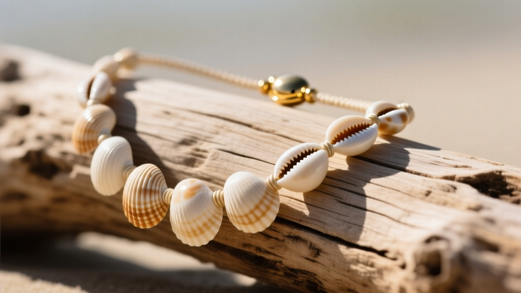 Close-up of a handcrafted puka sea shell necklace on sun-bleached driftwood, featuring natural cream shells and a small gold clasp.