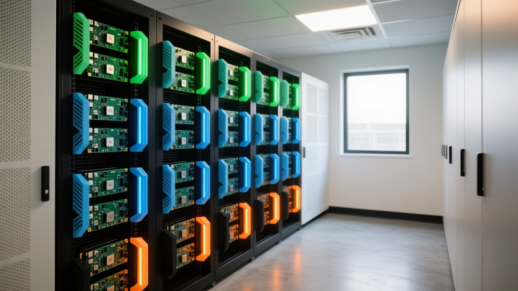 Raspberry Pi 5 cluster rack with glowing LED status lights and custom 3D-printed cooling shrouds mounted in a server closet